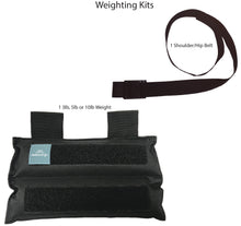 Load image into Gallery viewer, Illustration showing the components of a Weighting Kit which includes a shoulder/hip belt and a chest weight strap, with velcro pockets for adjusting weight.